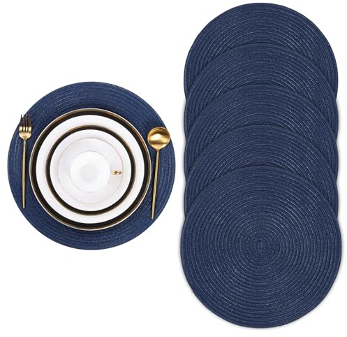 Pauwer Set di 6 tovagliette rotonde intrecciate, con isolamento termico, antiscivolo, lavabili, per tavolo da pranzo/cucina, per hotel, matrimoni, feste, vacanze, blu navy