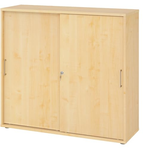 bümö Schiebetürenschrank 3OH - Aktenschrank abschließbar, Sideboard Schrank mit Schiebetüren in Ahorn, Bügelgriff - Büroschrank aus Holz mit Schiebetür, Büro Kommode für Ordner & Co.