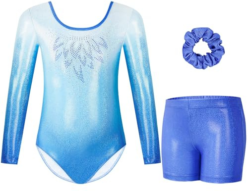 Gogokids Maillots de Gymnastique Trois Pièces pour Filles, Ensemble de Gymnastique à Manches Longues avec Short et Bandeau, Justaucorps de Danse Brillant avec Design de Couleur Dégradée pour 3-12 Ans