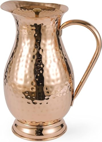 Krug aus 100% reinem Kupfer, handgefertigt, gehämmert, großer Krug mit Deckel, Wasserbecher, ungefüttert, unbeschichtet, chemikalienfrei, für Ayurveda-Gesundheitsvorteile, Kupferkaraffe für Zuhause