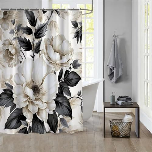 Duschvorhang Flower 220x200cm Beschwerter Saum Wasserdicht Duschvorhänge Waschbar Stoff Shower Curtains Mit Ösen Duschvorhangringe Faltbarer Bad Curtain Badewanne Badezimmer Vorhang Gardinen 470