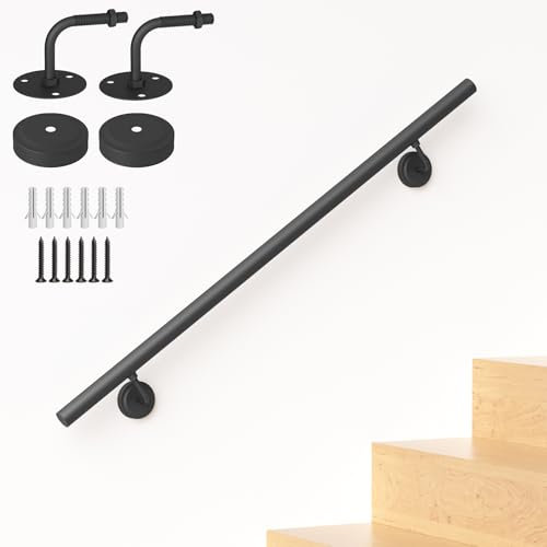 NArra 2FT Industrial Metal Stair Handrail,Round Pipe Stair Railing For Indoor/Outdoor Steps,Wall Mount Support Staircase Handrail,440LBS Load Capacity Hand Rails,Safety Grab Bar Porch Stairway Railing