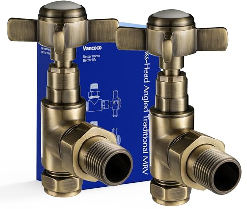 VANCOCO 1/2×15mm Antique Brass Traditional Radiator Valve Angled (Pair) - Traditional Radiator Valves with Cross Handwheel Suitable for Heated Towel Rails or Central Heating Systems