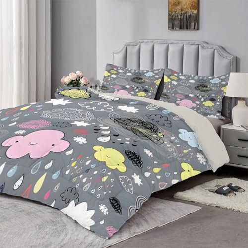 Qiwagu Grau Bettdecke 135x200 cm, Wende-Steppdecke mit Farbige Wolken Muster, Super Weiche Atmungsaktive Schlafdecke 200GSM, Leichte Ganzjahresdecke 135x200 mit 1 Kissenbezug, A1153