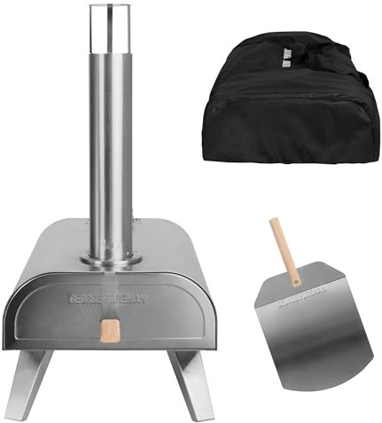 George Foreman GFWPPO1SSPC - Horno de pizza portátil de madera de 12 pulgadas para exteriores, de acero inoxidable, con paleta y bolsa de transporte, horno de barbacoa y ahumador, patas plegables