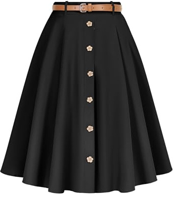 Wedtrend Jupes vintage pour femmes - Jupe midi plissée boutonnée - Jupe trapèze avec ceinture et poches, noir, Taille M