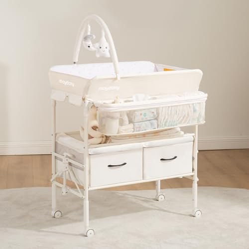 Baby Changing Table with Wheels, Maydolly Portable Foldable Changing Table, Waterproof Diaper Changing Station, Adjustable Height Changing Station, Mobile Nursery for Newborn and Infant (Beige)