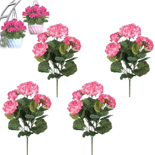 AQCQDQ Künstliche Geranien UV Beständig, Künstliche Geranien Wie Echt, Grünpflanzen Künstlich für Draußen Geranien Seidenblumen Im Freien, Frühlingsblumen Künstlich Gefälschte Blumen (Dunkelrosa)
