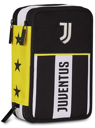 Seven Juventus Federmäppchen für die Schule mit 3 Reißverschlüssen, schwarz, Stiftehalter, dreifach mit Stiften, Bleistiften, Farben, Grundschule, Kinder, Fußball, Schwarz, Modern