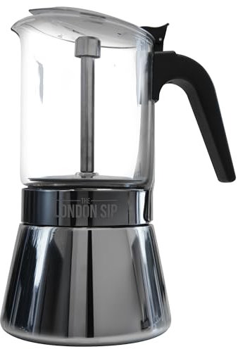London Sip Espressokocher aus Glas und Edelstahl, Mokkakanne, italienischer Kaffee-Perkolator, mattschwarz, groß (430 ml)