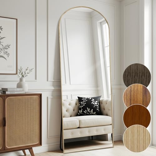 Melodieux Bogen Spiegel 161 x 52 cm, Aluminiumrahmen mit Teakholz-Optik, frei stehend aufhängbar wandmontiert, Ganzkörperspiegel für Wohnzimmer und Schlafzimmer