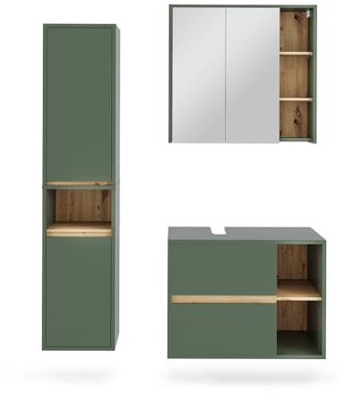 Vicco Badmöbel-Set Grün/Artisan Viola, bestehend aus Bad Spiegelschrank, Waschbeckenunterschrank, Hochschrank - Mehr Stauraum ohne Bodenfläche zu nutzen