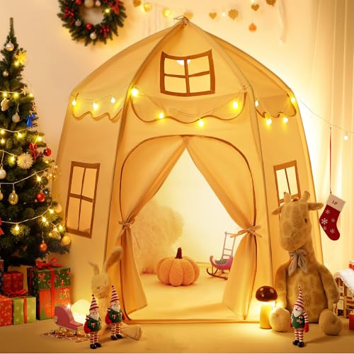 besrey Kinderzelt Indoor, Tipi Spielzelt inkl. Lichtern | Spielhaus im Schloss-Design & atmungsaktiv
