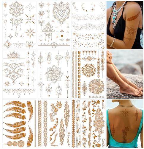 9 Hojas Tatuajes Temporales, Tatuajes Metalico Purpurina Oro Adultos Mujeres y Niñas, Tatuaje Adhesivos Doradas Brillantes, Bonitas Tatuajes Falsos, Pegatinas de Tatuajes Impermeable para Fiesta