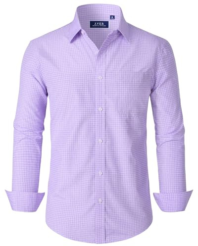 J.VER Shirts for Men Adult Fashion Purple Gingham Plaid Long Sleeve Regular Fit Oktoberfest Checked Business Smart Casual Dress Shirt L