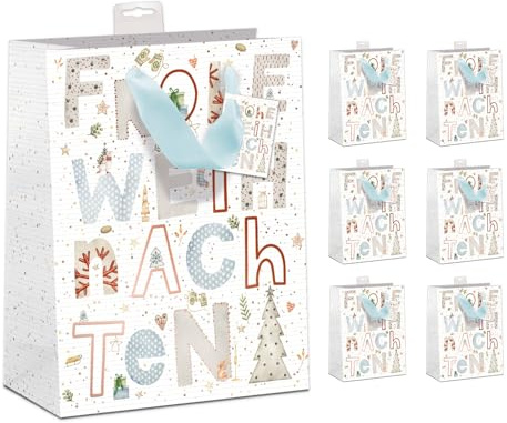 PremiumLine Geschenktüten Weihnachten Groß, 6 Stück | Hochwertig beschichtet & mit Beschriftungskarte | Sehr Stabil, Verstärkter Boden & Rand | FSC® Karton 210 g/m² | DIN A4 (26x32x12cm)