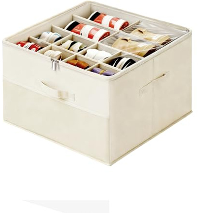 FALSKT Shoe Organiser Shoe Storage Box Fabric Shoe Organiser Box with Zippable Clear Cover Adjustable Dividers Dustproof Shoes Storage Fits 16 Pairs for Closet Entryway & Under Bed (Beige)