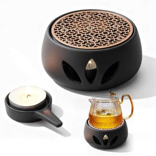 12.6 * 5.8cm Keramik Stövchen für Teekanne, Keramik Teewärmer mit Kerzenhalter und Korkmatte, Hohlem Geschnitztem Design, Teestövchen mit Teelichthalter, Teekannenwärmer für Kaffee Tee Milch