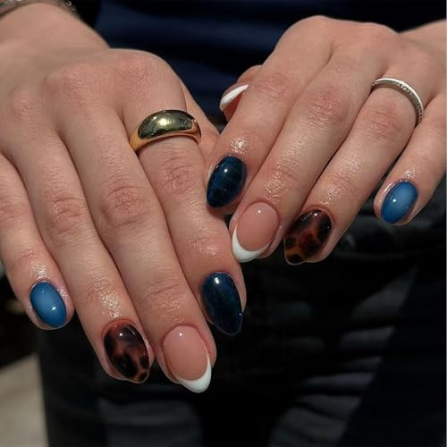 Nymora 24 Stück Mittel Mandel Press on Nails - Leopard Französische Spitze Gold Blau Kunstnägel zum Aufkleben - Jelly Gel Wear Kit - Ideale Herbst Winter Nagel Tipps für Frauen Mädchen
