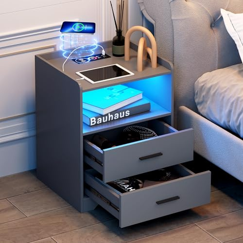 Vlsrka RGB Nachttisch mit Ladefunktion, Nachttische Holz Schlafzimmer | LED Nachttisch mit USB und Type-C Stecker, Nachtschrank mit 24 Farben Licht, Moderner Nachtschrank mit 2 Schubladen, Grau