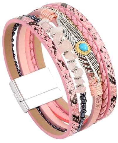 HUIANGLIYG Damen-Armband Aus Leder Mit Federn, Mehrsträngiges Wickelarmband, Boho-Stil, Türkis, Geflochtene Lederarmbänder, Böhmischer Schmuck, Geschenke Für Frauen, Ehefrau, Schwester, Rosa, 19,5 Cm