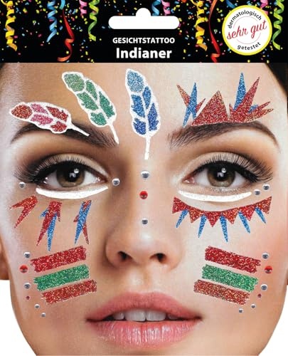 Trendandstylez Glitzer Gesichtstattoo Set – 30 Designs | Face Tattoo | Dermatologisch getestet | Karneval, Festival, Halloween, Fasching & Party Make Up Aufkleber (Indianer)