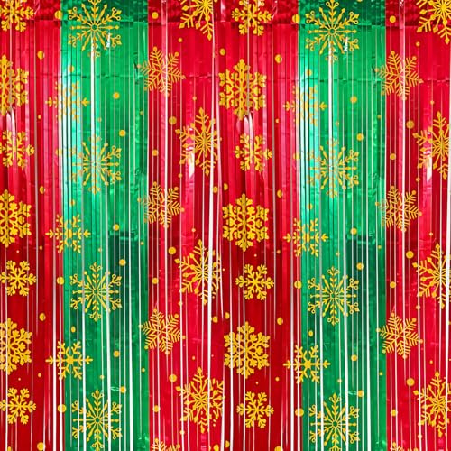 2pcs Glitter Christmas Red Green Snowflake Tinsel Curtain Door Foil Fringe Curtain Backdrop,3.2x6.5ft Xmas Party Streamers Curtains Stage Backdrop Christmas Decorations for Holiday Xmas Party Decor