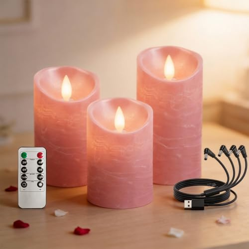 RosMank 3er Set LED-Kerzen, mit 10-Tasten-Fernbedienung, Flammenlos, aus Echtem Wachs, mit Flackernder Flamme, Dekoration für Weihnachten, Geburtstag, Hochzeit und Party, Rosa