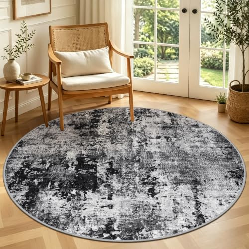 Capslpad Abstrakt Teppich Rund 135cm Moderner rutschfest Teppiche Wohnzimmer Runder Hochflor Waschbar Rund Teppiche Kurzflor Weich Runder Teppich Schwarz for Wohnzimmer Schlafzimmer Studie Heimbüro