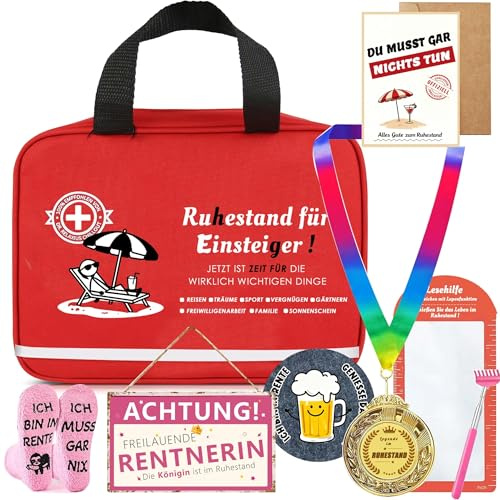 ImnBest Rentner Geschenk Frau, Ruhestand Geschenk mit Lustige Socken, Medaille für Rentner, Rückenkratzer, Grußkarte, Abschiedsgeschenk Kollegen