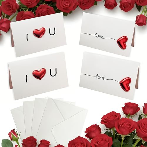 Xcdhemde 4 Piezas de Tarjetas de San Valentín, Aniversario Pareja, Tarjetas de Felicitación Corazón de Amor, para Cumpleaños, Boda, San Valentín, Día del Padre Madre, 4 Sobres