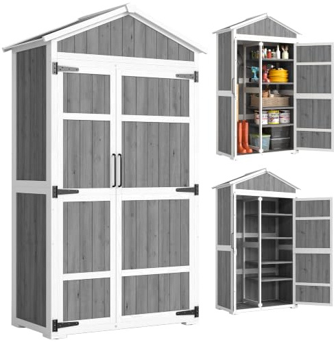 Outsunny Holz-Gartenschrank wasserdicht 105x55x179cm Weiß und Grau | Outdoor-Gartenschuppen, Metalldach, Terrassen-Aufbewahrungsschrank, Doppeltür, für Gartengeräte