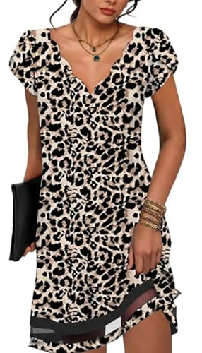 ABYOVRT Abito estivo da donna, a maniche corte, per il tempo libero, elegante, scollo a V, motivo floreale, miniabito, alla moda, da spiaggia, casual, linea A, per ragazze, taglie S-XXL, motivo