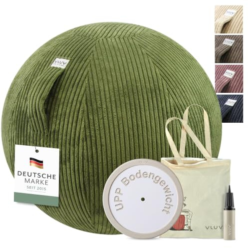 VLUV Set BOL VLIP Sitzball Cordbezug Olive 60-65cm + UPP Bodengewicht | mit Bezug 60-65 cm, Stoffball inkl. UPP Bodengewicht = Wegrollschutz, waschbar, Schwangerschaftsball, Home Office - Olive