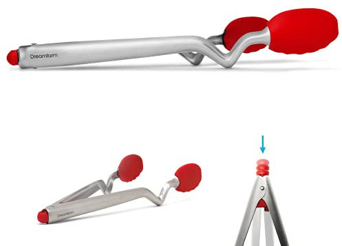 Dreamfarm Clongs | Non-Scratch, Stainless-Steel Click-Lock Sit Up Tongs with Silicone Heads | Stainless Steel | Red, 12 Inches