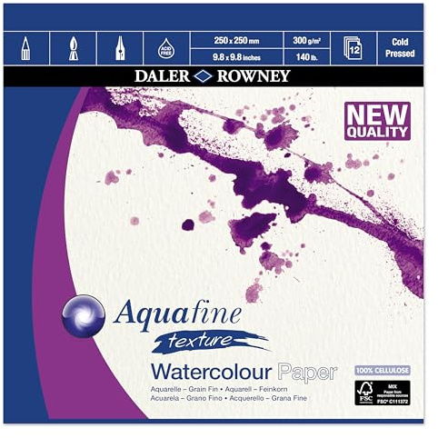 Daler-Rowney Aquafine - Papel de acuarela prensada en frío y gouache texturizado, 300 g/m², 9.8 x 9.8 pulgadas, blanco natural, pegado 1 lado, 12 hojas, ideal para artistas profesionales y principiantes, sin ácidos