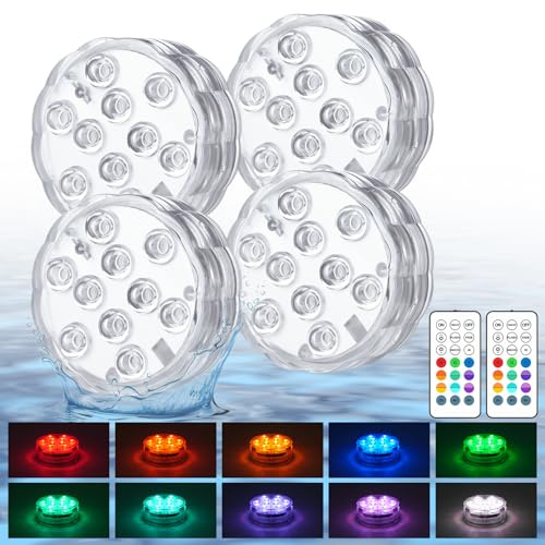 Creatrek Pool Lights with Remote, 10 Color Changing Pool Lights for Above Ground Pools, Battery Operated Submersible LED Lights for Pond, Bathtub, Hot Tub, Party, 4 Pack