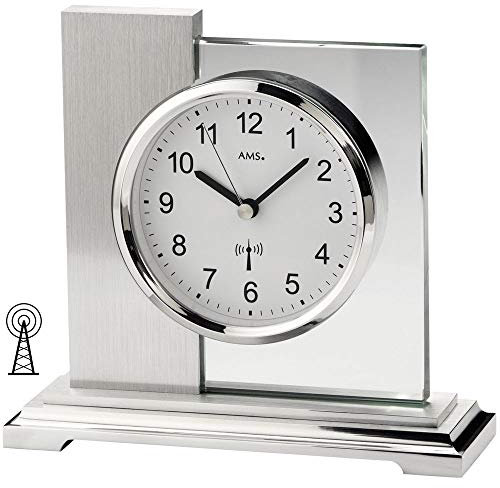 Funkuhr Tischuhr Funk silberfarbenes Metallgehäuse geschliffenes Mineralglas