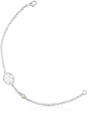 TOUS Pulsera de Plata de Primera Ley para Mujer con Perla y Motivo de Oso, 17,5 cm de Largo, Atemporal y Clásica, Colección Camee