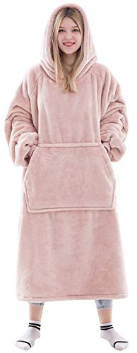 Waitu Tragbare Decke Sweatshirt für Damen und Herren, super warm und gemütlich, große Decke, Hoodie, Dicke Flanelldecke mit Ärmeln und riesiger Tasche – Rosa