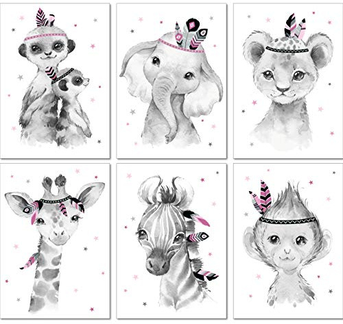 LALELU-Prints Bilder Kinderzimmer Poster Babyzimmer Deko Mädchen Jungen Kinderbilder Set Kinderzimmerbilder (Indianer rosa 6er Set)