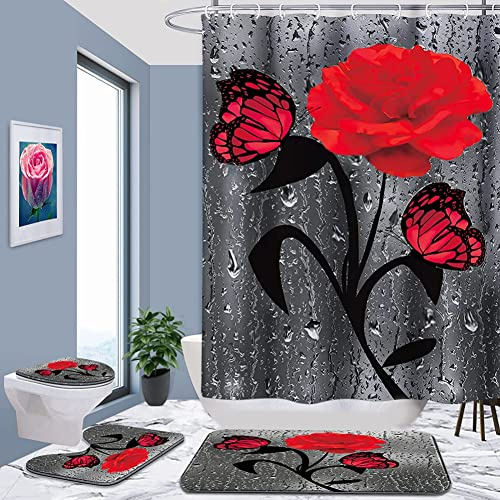 4 STK. Blumenduschvorhang-Sets mit rutschfesten Teppichen, Toilettendeckel und Badematte, Rose Flower Regentropfen-Duschvorhang mit 12 Haken, wasserdichter Stoff-Duschvorhang Badezimmerdekor