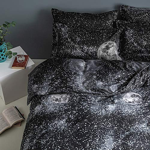 Morbuy Set Copripiumino in Microfibra di 3 Pezzi, Set Biancheria da Letto di Universo Stampa, Sacca Copripiumino per Letto Matrimoniale Piazza e Mezza Singolo (Luna stellare,220x240cm)