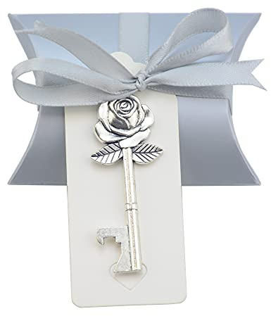 Aokbean 50pcs Hochzeit Schlüssel Flaschenöffner Vintage Rose Form-Silber | Geschenk Set für Gäste mit Süßigkeiten Schachteln, Danke Tags und Farbband als Gastgeschenk für Hochzeit Party