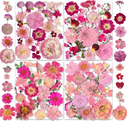 148PCS Pink Dried Pressed Flowers with Butterfly Stickers - YouthBro Real Nature Flowers Craft Set for Resin Jewelry Candle Soap Vase Making Nail Card Scrapbook Art Floral Decors