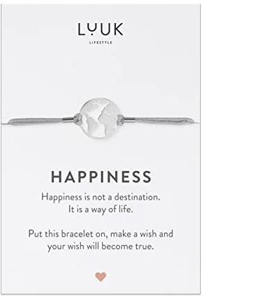 LUUK LIFESTYLE Freundschaftsarmband mit Weltkarte I Globus Anhänger und HAPPINESS Karte, Geschenk für Freundinnen, handgefertigt, Sommer Modeaccessoire, Hypoallergen, Casual, Glücksbringer, Silber