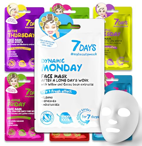 7Days Kit Maschere Viso in Tessuto Settimanale ad Effetto Idratante Purificante e Antirughe con Collagene Acido Ialuronico Burro di Karite ed Estratti Naturali per Skincare Donna Uomo e Bambini 7 pz