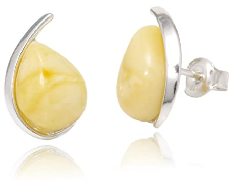 LIGURIUS Ambre DE LA Baltique Argent Sterling 925 Boucles d'oreilles Stud Blanc Laiteux Pierres Précieuses Naturelles Boucles d'oreilles Ovales Ambre Bijoux pour Femme