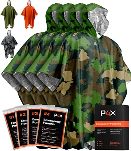 PREPARED4X Poncho d'urgence avec Doublure en Mylar, Poncho de Pluie très résistant, imperméable, Coupe-Vent pour extérieur, Camping et Kits d'urgence, Poncho Thermique, Lot de 4, (Vert Camouflage)
