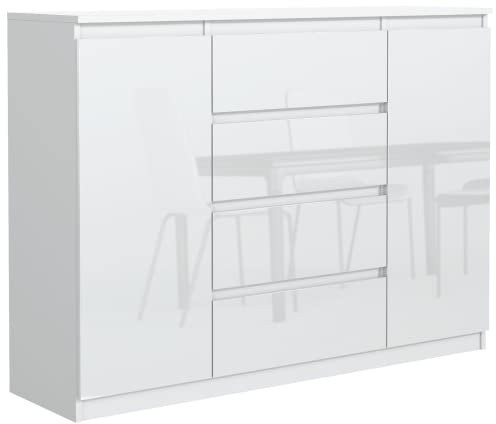 meble masztalerz Kommode mit 4 Schubladen und 2 Türen 120 cm, Sideboard Wohnzimmer, Schlafzimmer H: 101,5 cm, B: 120,4 cm, T: 39 cm, Kommode mit Schubladen, Schubladenschrank (Weiss Hochglanz)